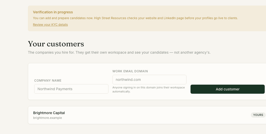 An agency adding one of its client companies by name and work email domain